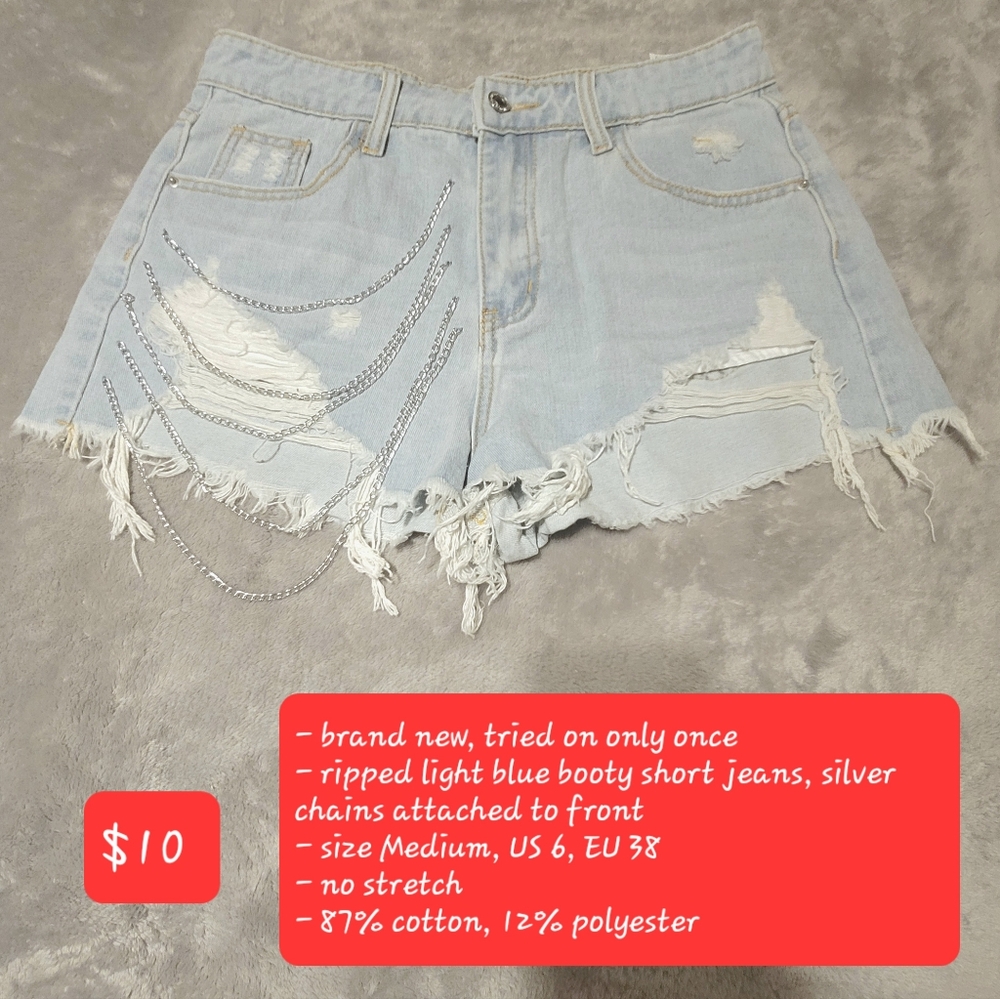 Ripped Light Blue Booty Short Jeans with Chains